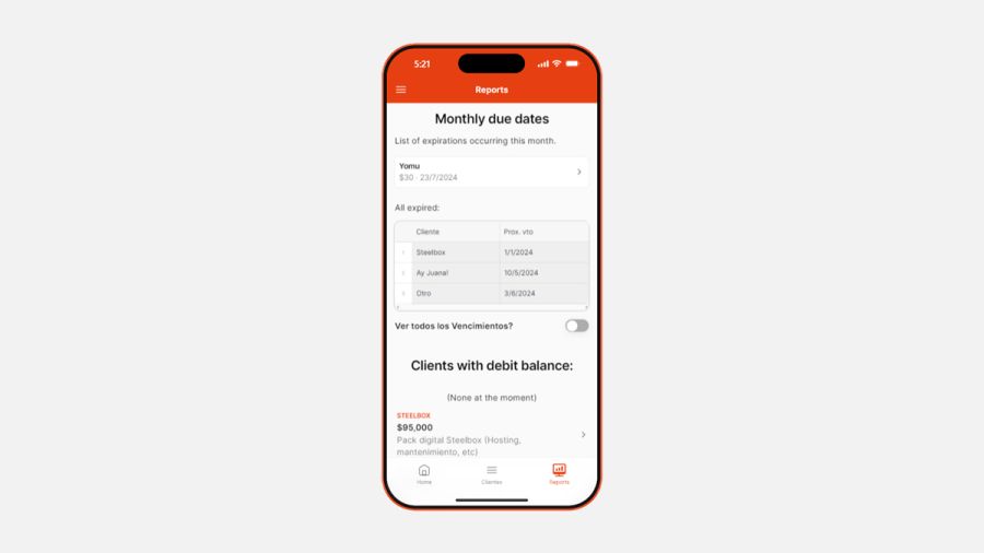 CRM App Para Gestión de Clientes Periódicos - sección de reportes