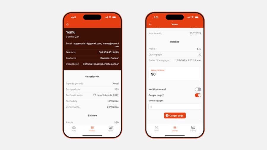 CRM App Para Gestión de Clientes Periódicos - sección perfil de cliente y pagos
