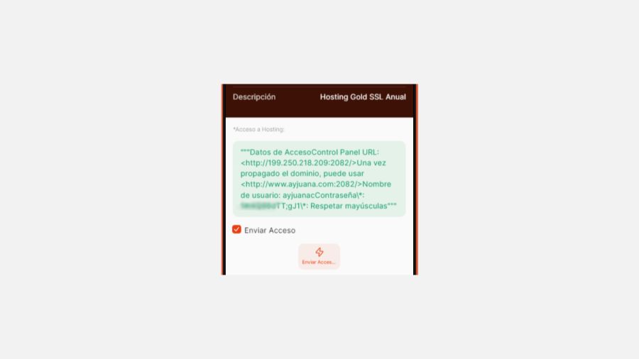 CRM App Para Gestión de Clientes Periódicos - sección perfil de cliente - accesos de hosting